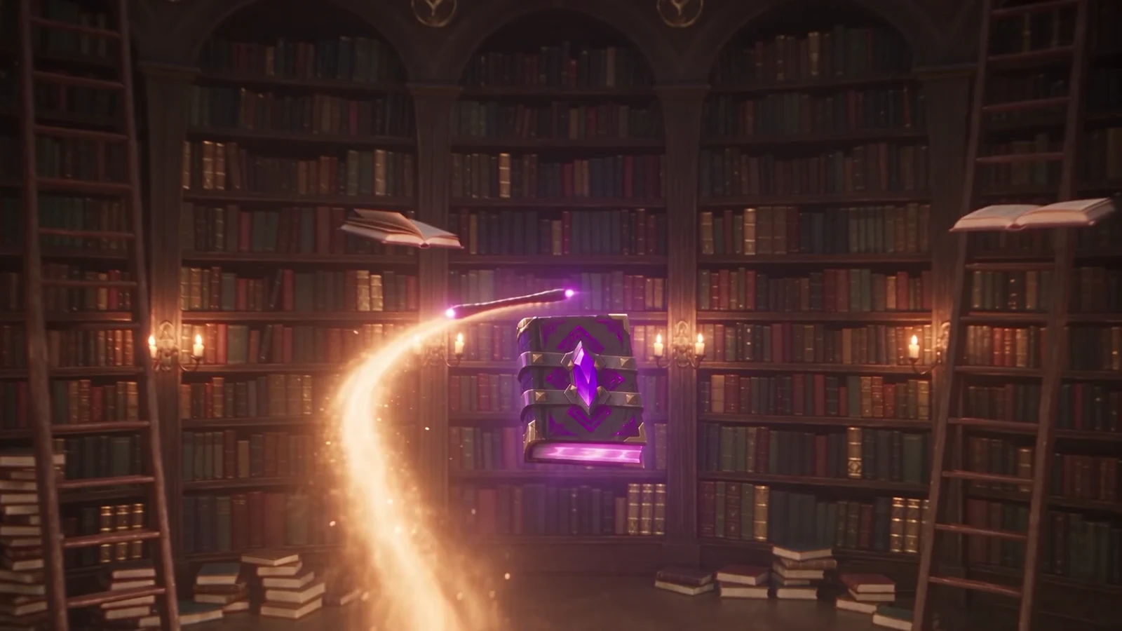Mana Wizards film still with a glowing purple spellbook, a wand and floating books in an enchanted library