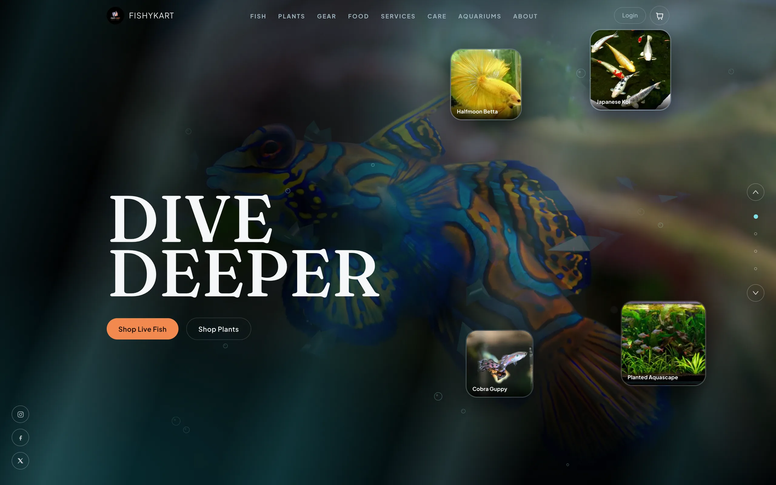 FishyKart homepage: DIVE DEEPER over a mandarin fish, with fish and plant photos floating around it