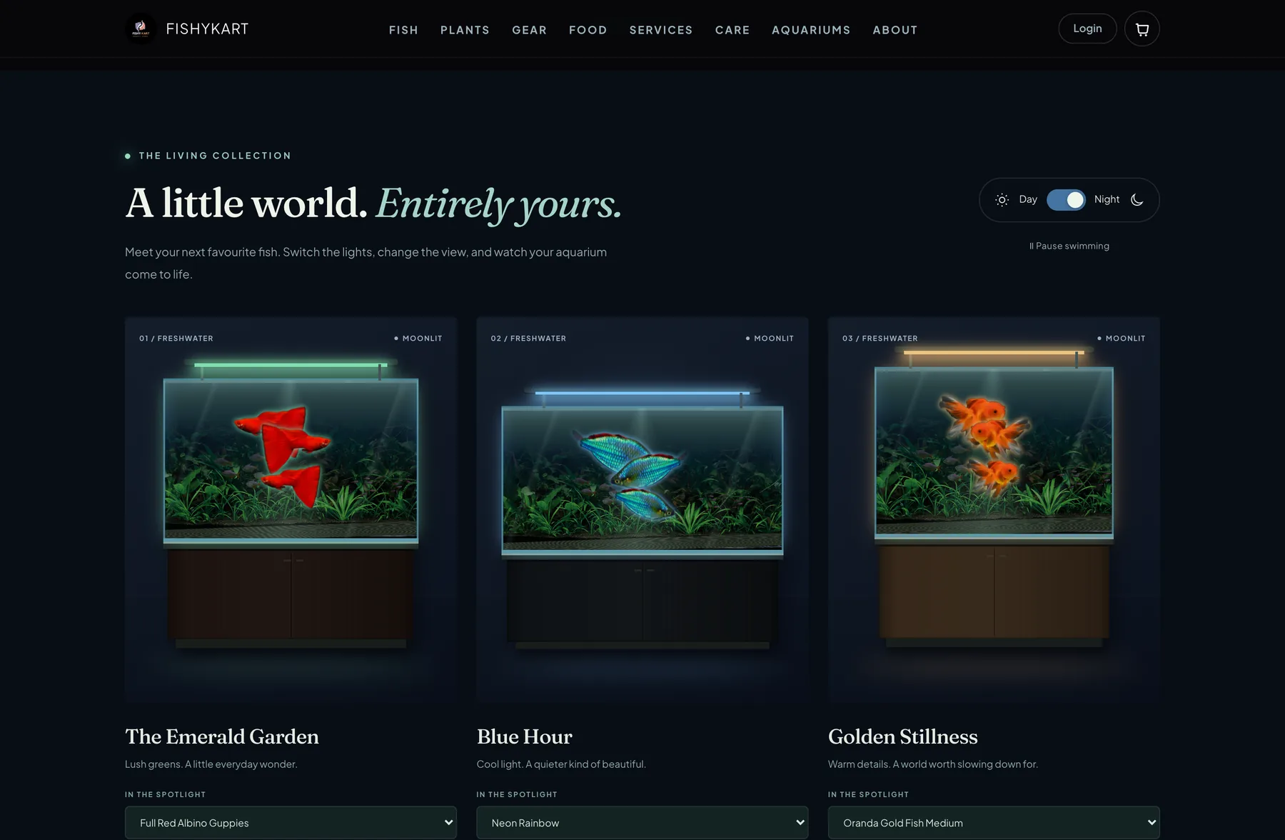 FishyKart Living Collection in night lighting: three styled aquariums with guppies, rainbowfish and goldfish