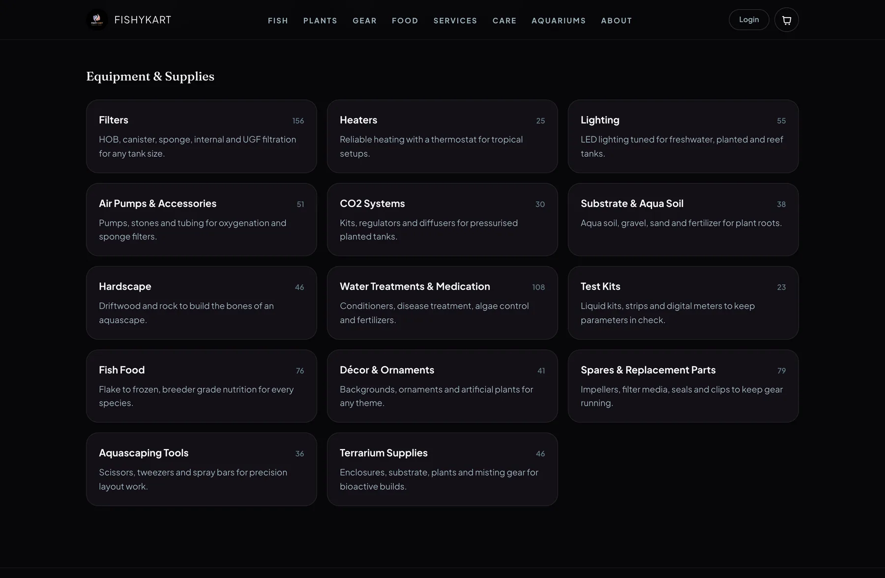 FishyKart equipment and supplies categories arranged in a dark grid of three columns