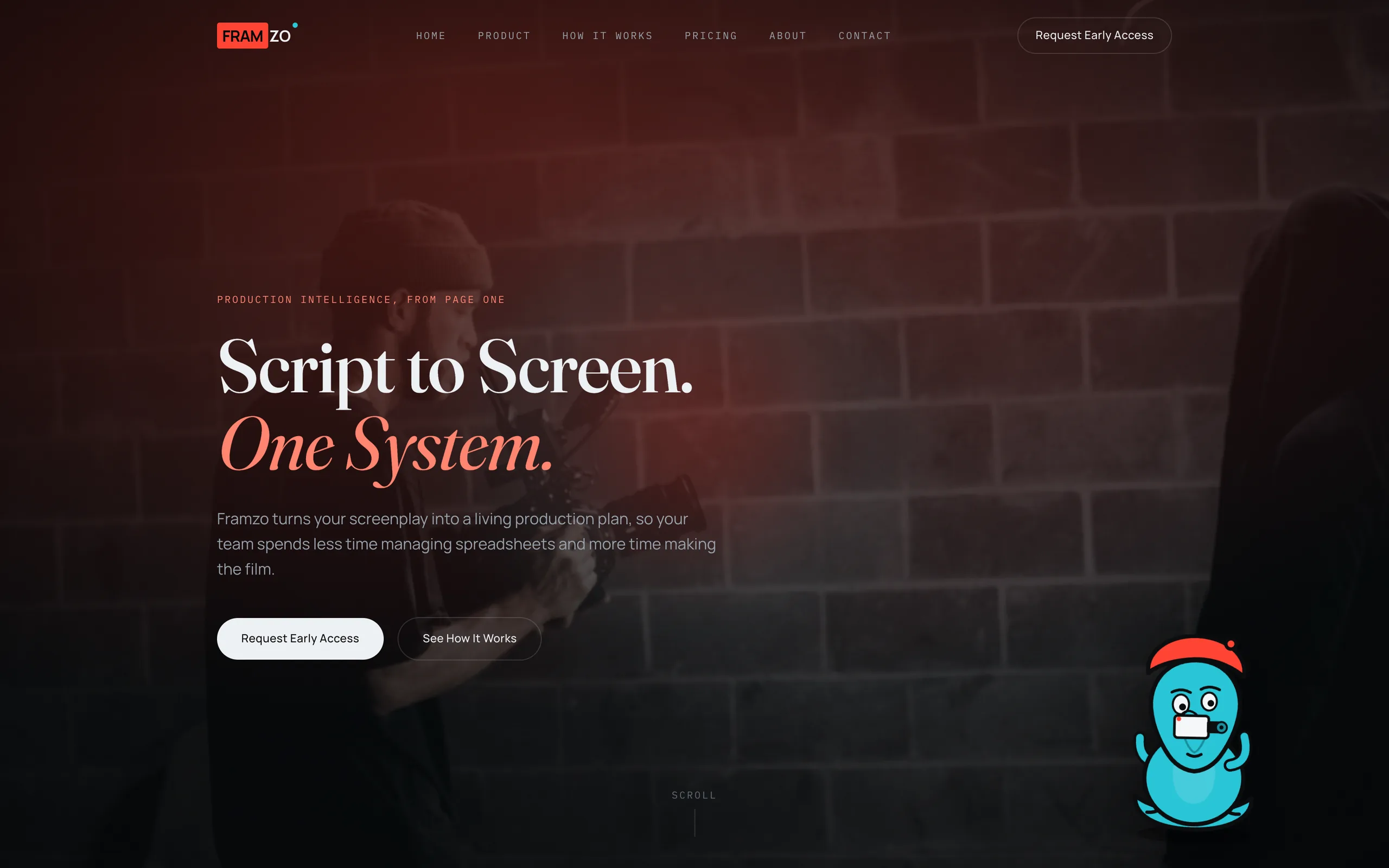 Framzo homepage: “Script to Screen. One System.” over a filmmaker holding a camera, with the Framzo mascot