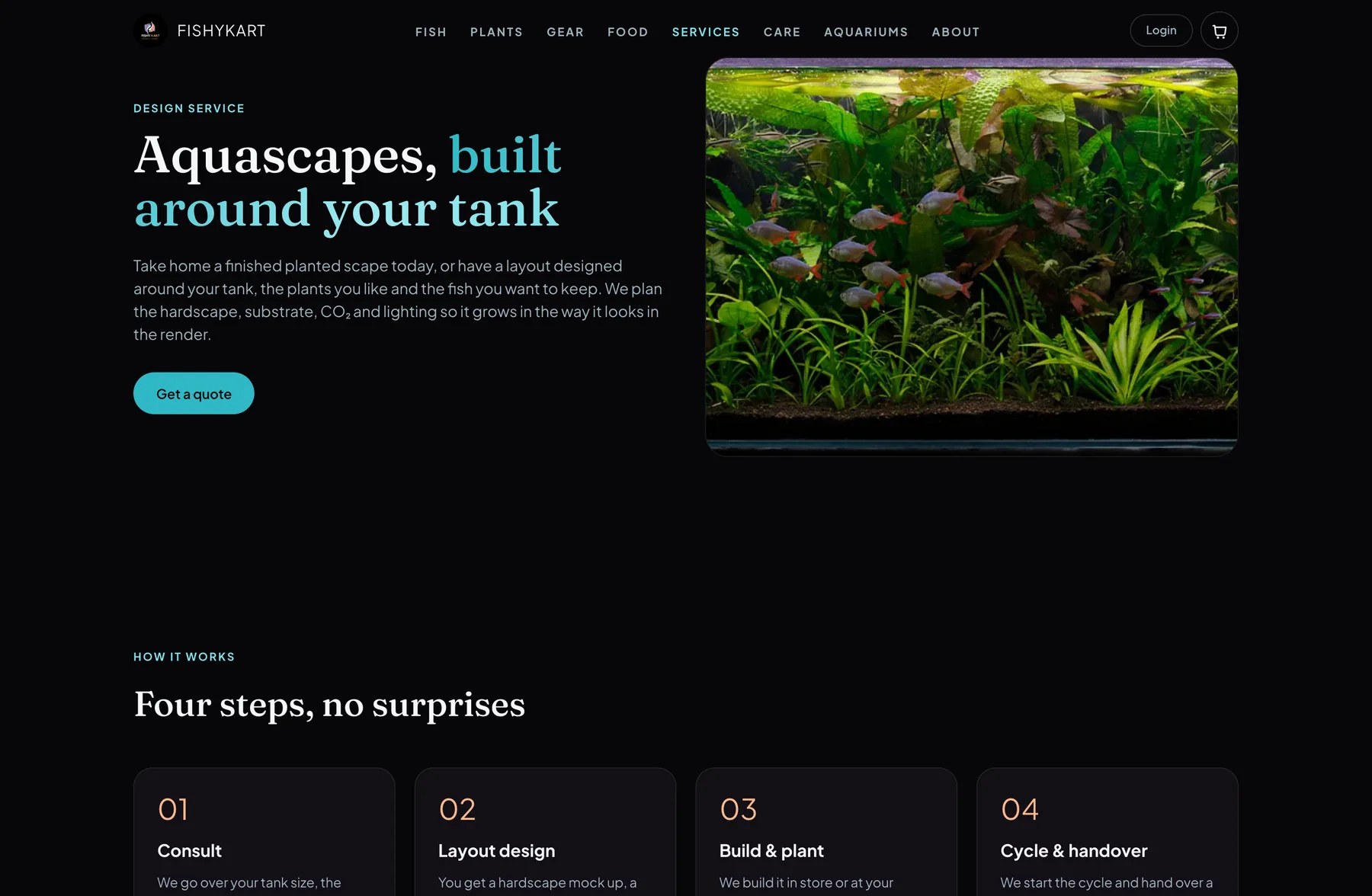 FishyKart aquascaping service page with a planted aquarium, a quote button and the four steps of the service
