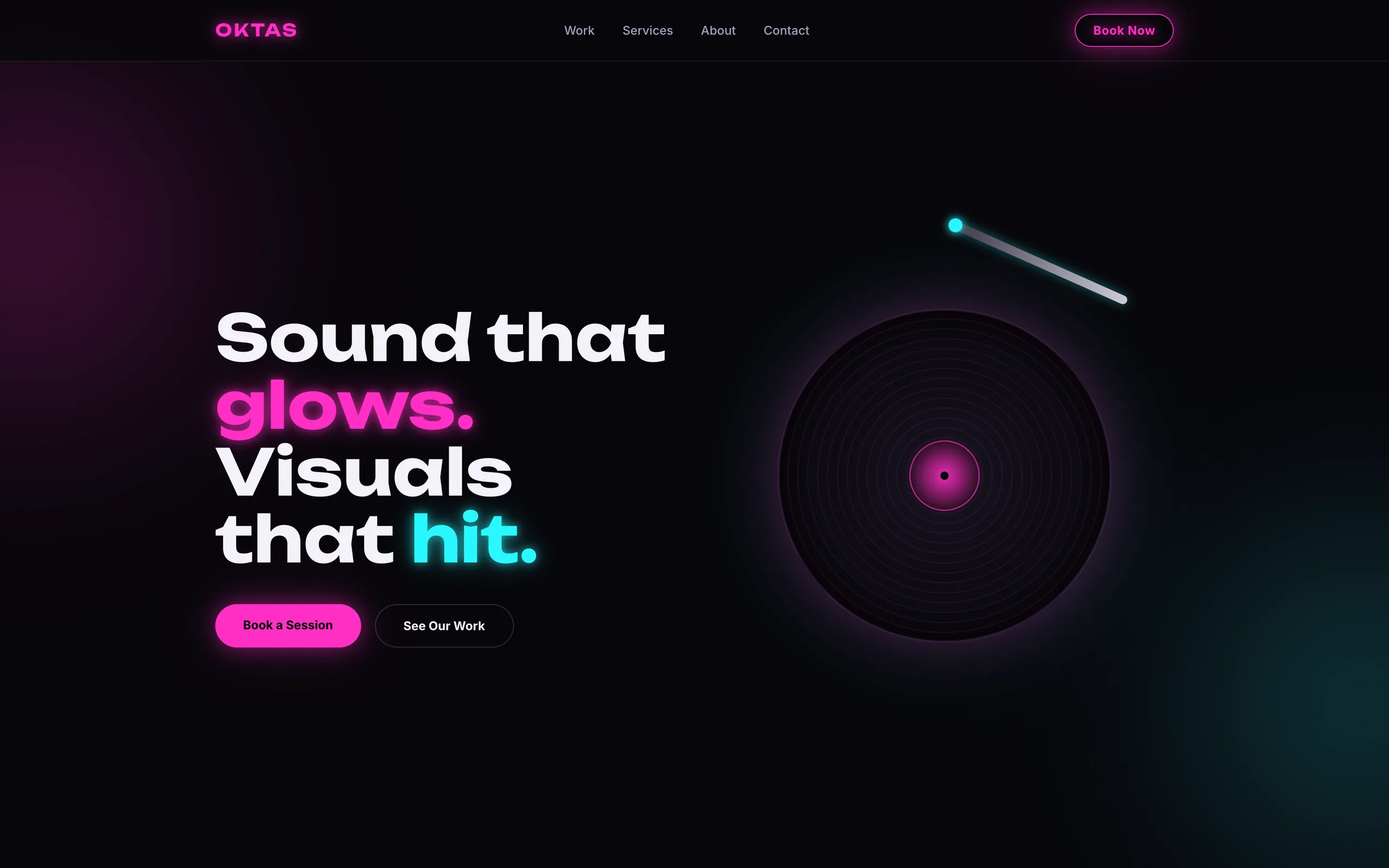Oktas homepage: “Sound that glows. Visuals that hit.” beside a neon vinyl record