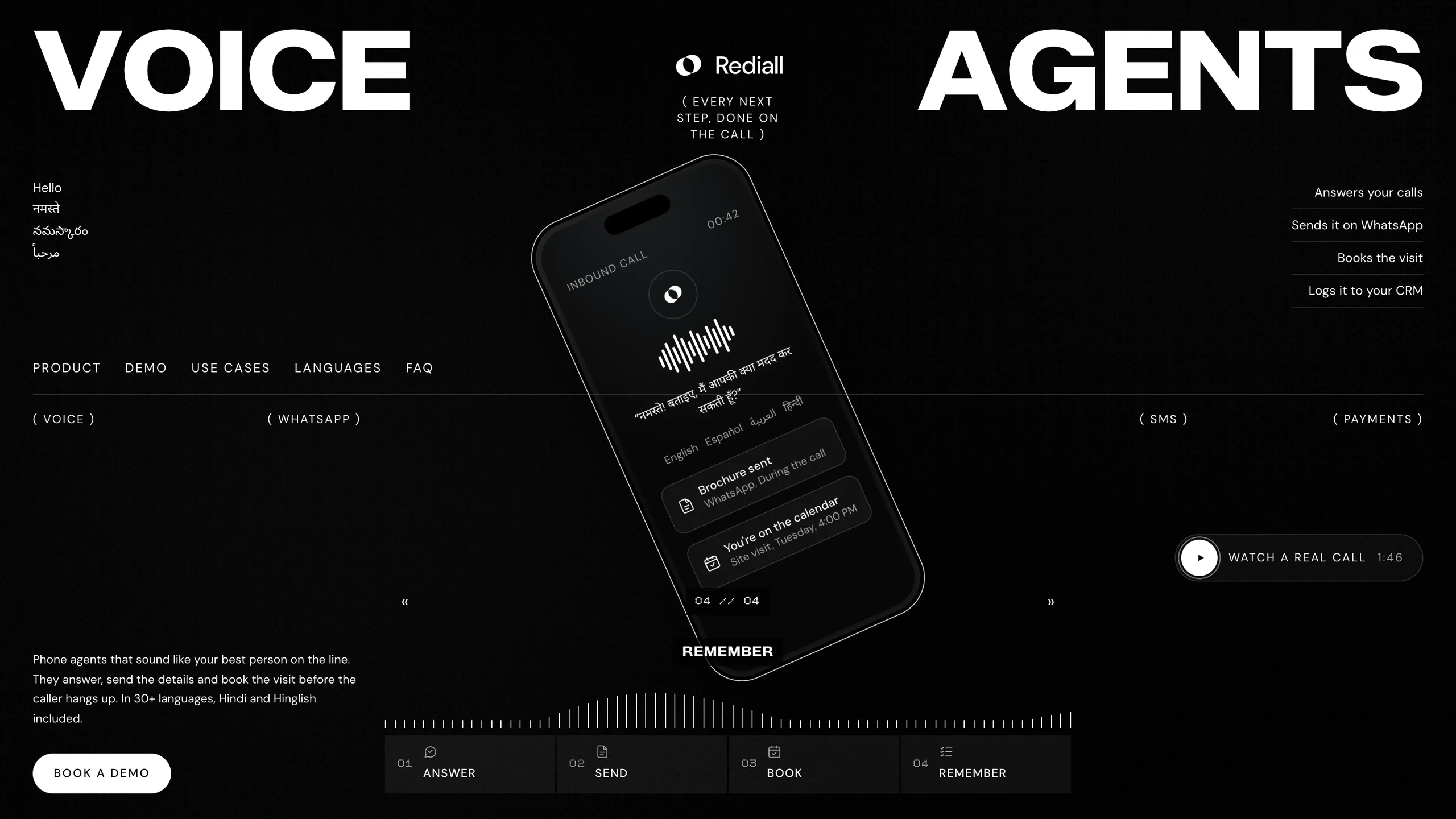 Rediall homepage: the words VOICE AGENTS on either side of a phone showing an inbound call