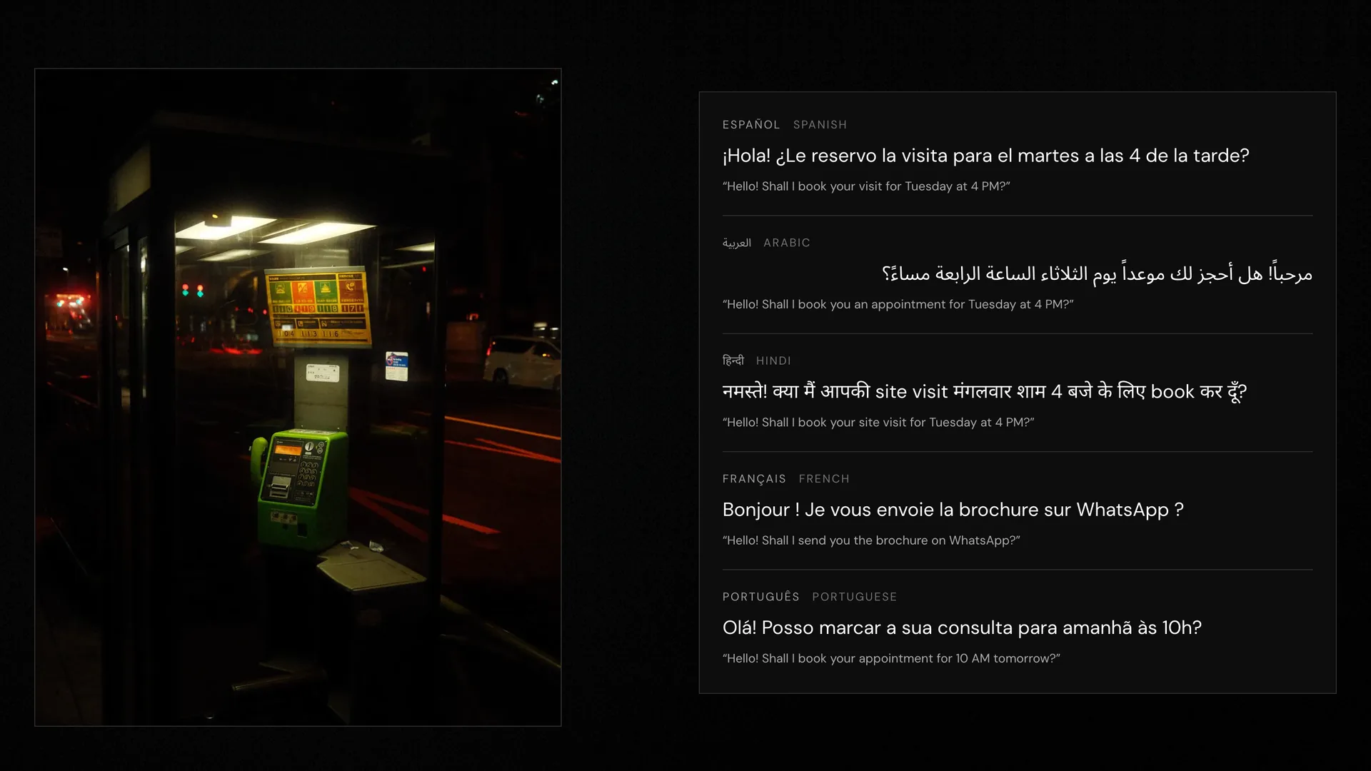 Rediall languages section: a night photo of a phone booth beside greetings in Spanish, Arabic, Hindi, French and Portuguese