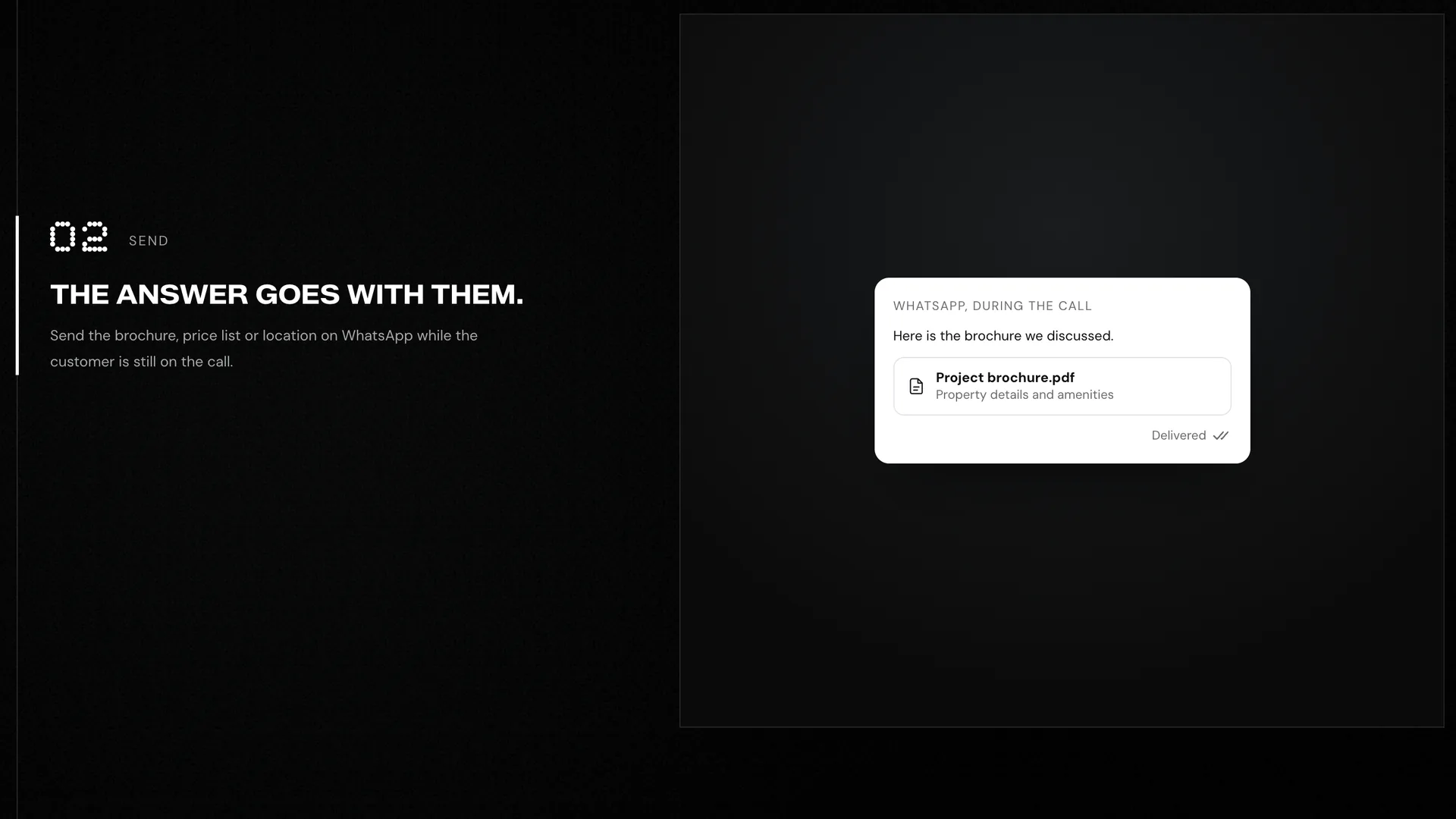 Rediall scroll story, step 02: a WhatsApp card sending the project brochure while the customer is still on the call